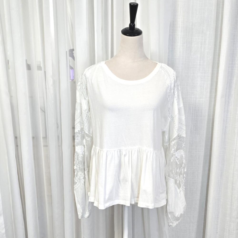 Free People Penny Tee Shirt Top White‎ Balloon Size M Prairie Cottagecore
